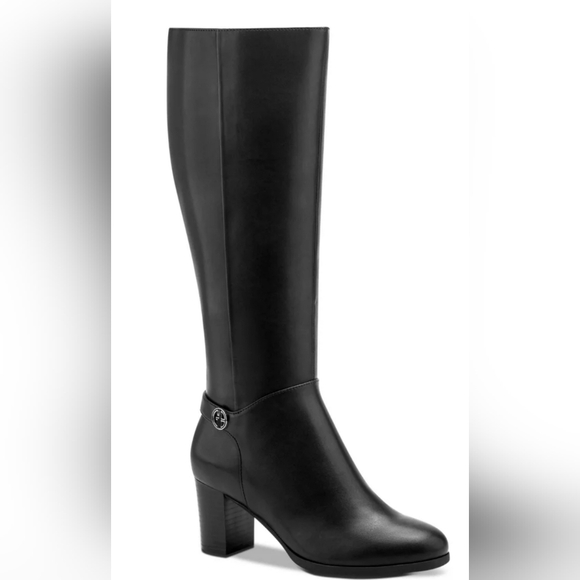 GIANI BERNINI Womens Black Adonnys Toe Block Heel Leather Boots 10 M Wide CALF - Picture 1 of 6